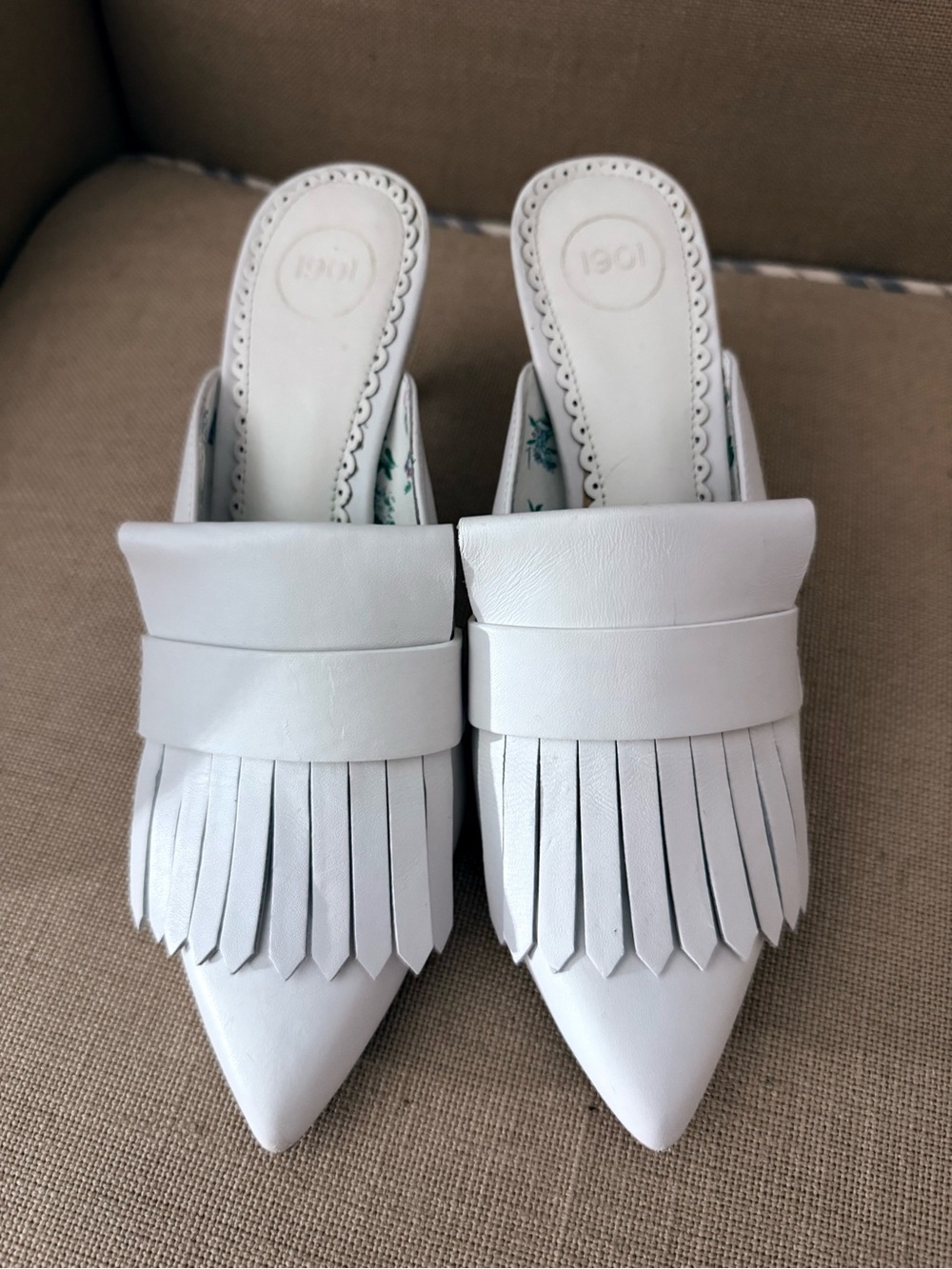1901 White Leather Fringe Pointed-Toe Mules Size 7